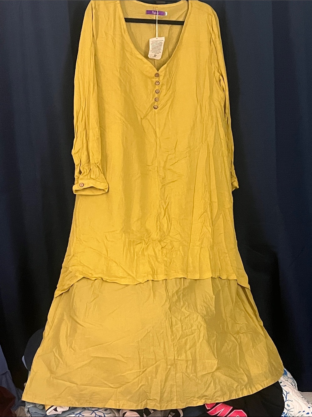 Mustard Yellow High-Low Maxi Dress with Button Placket